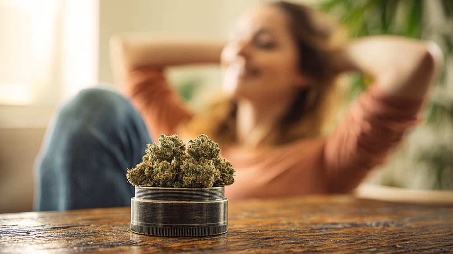 femme heureuse avec fleurs de CBD