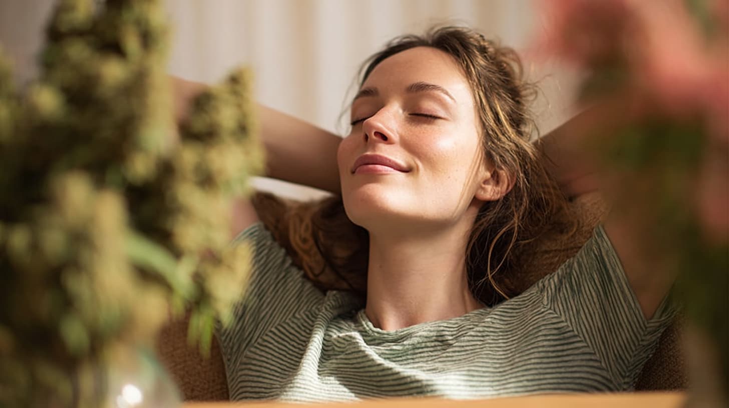 femme détendue avec fleurs de CBD
